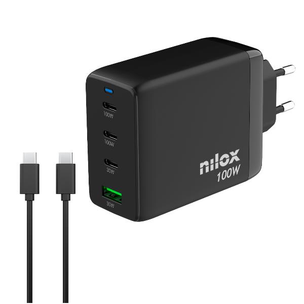 NILOX TECH – Caricabatteria da rete, tecnologia GaN, potenza massima 100 Watt, 4 porte totali, cavo USB-C a USB-C incluso, lunghezza cavo 2 metri, protezioni da cortocircuito