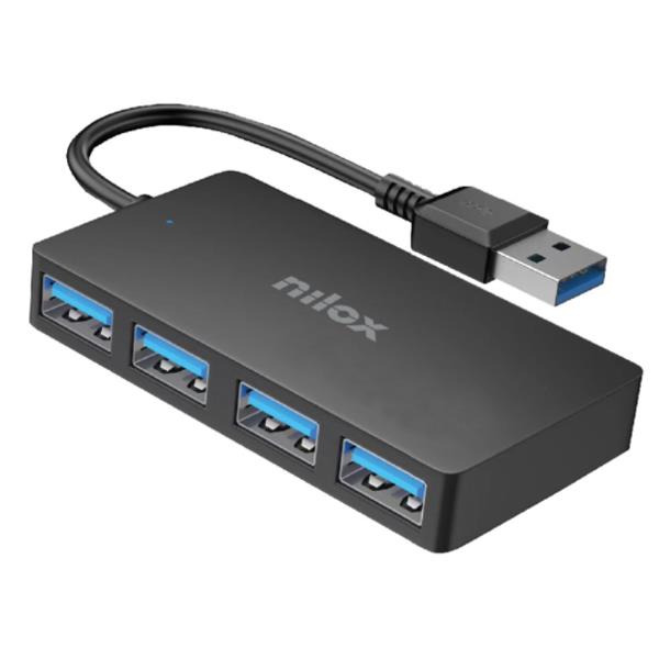 NILOX TECH – Hub con 4 porte USB-A 3.2 Gen1, connettore USB-A 3.2 output, lunghezza cavo 13 cm, velocità fino a 5 Gbps