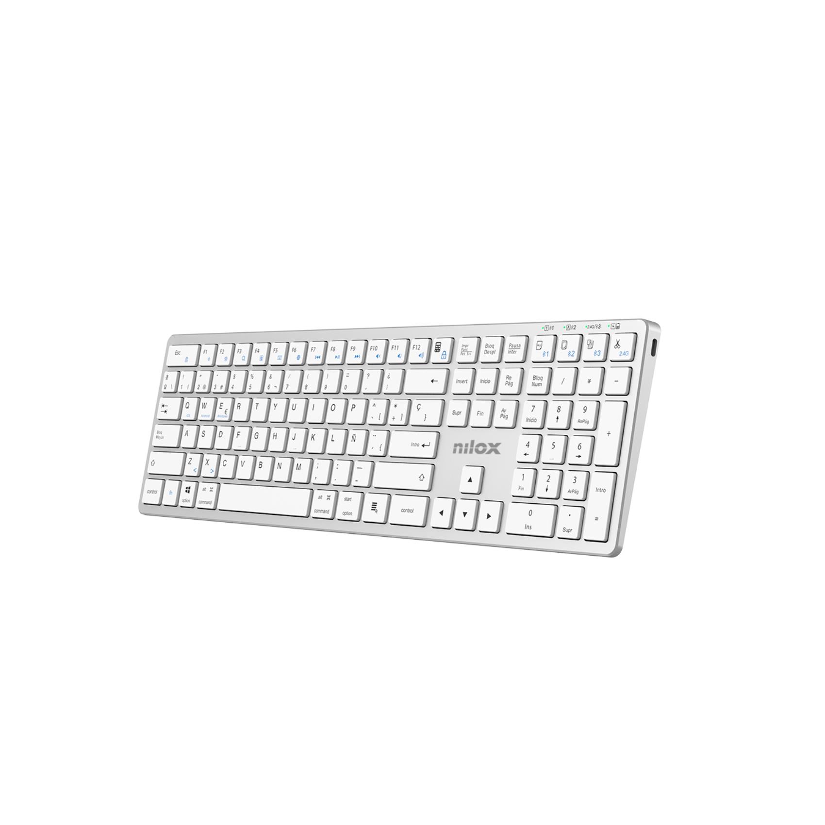 NILOX TECH – Tastiera connessione wireless DUAL (BT 5.2 e Dongle 2.4GHZ), ricaricabile tramite porta USB-C, cavo incluso, 110 tasti, layout italiano, connessione simultanea
