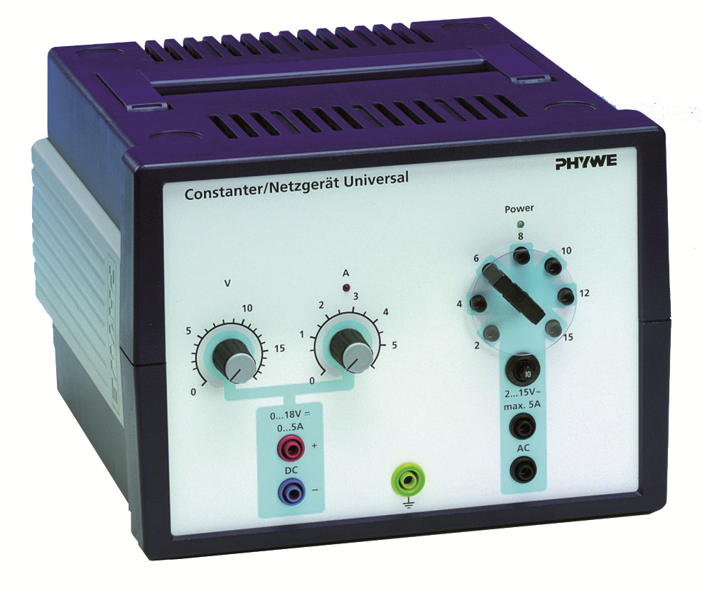 PHYWE Power supply, universal DC: 0...18 V, 0...5 A / AC: 2/4/6/8/10/12/15 V, 5 A