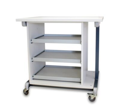 Tavolino con rotelle comprensivo di ripiano con 3 cassetti portaoggetti per set dimostrativi