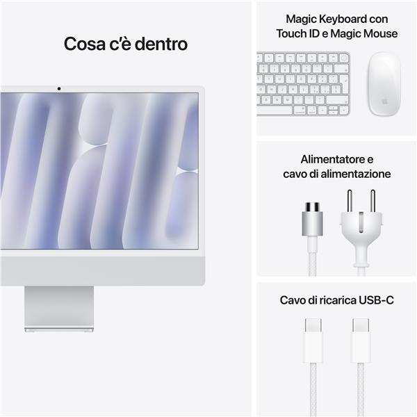 iMac 24" con display Retina 4,5K: Chip Apple M4 con CPU 10-core e GPU 10-core, 24GB, 512GB SSD - Argento