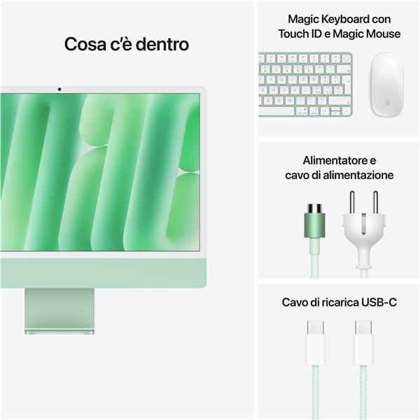 iMac 24" con display Retina 4,5K: Chip Apple M4 con CPU 10-core e GPU 10-core, 24GB, 512GB SSD - Verde