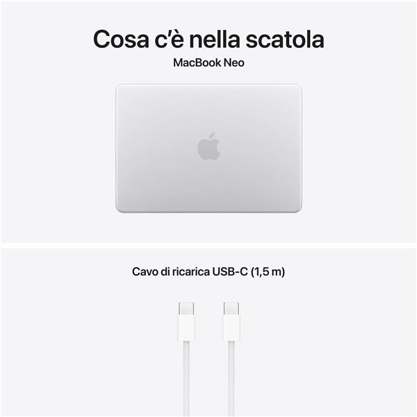 MacBook Neo 13": Chip Apple A18 Pro con CPU 6-core e GPU 5-core, 8GB, 512GB SSD, Touch ID - Argento