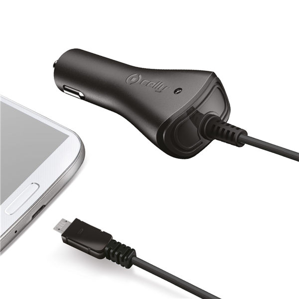 Caricabatteria da auto con cavo Micro Usb integrato, potenza massima 5 Watt