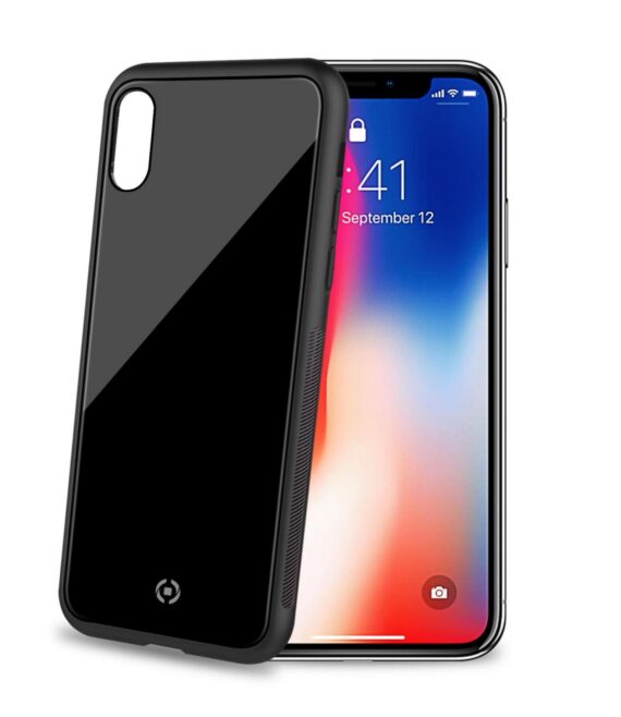 DIAMOND - Cover rigida in vetro temperato anti-graffio e bordi in TPU colore nero compatibile con Apple iPhone Xs/ iPhone X