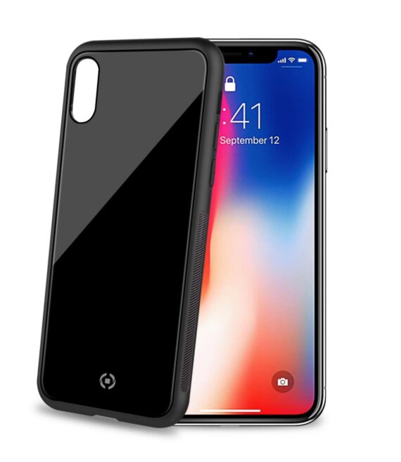 DIAMOND - Cover rigida in vetro temperato anti-graffio e bordi in TPU colore nero compatibile con Apple iPhone Xs/ iPhone X