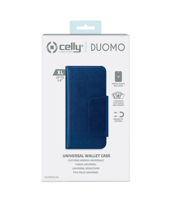 DUOMO - Custodia a libro con chiusura magnetica, slot porta carte colore blu compatibile con gli smartphone fino a 5.8"