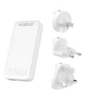 Caricabatteria da viaggio con doppia porta USB-A e USB-C, tecnologia GaN, potenza massima 65 Watt, presa integrata USA e tre prese intercambiabili (UK, AUS, EU)