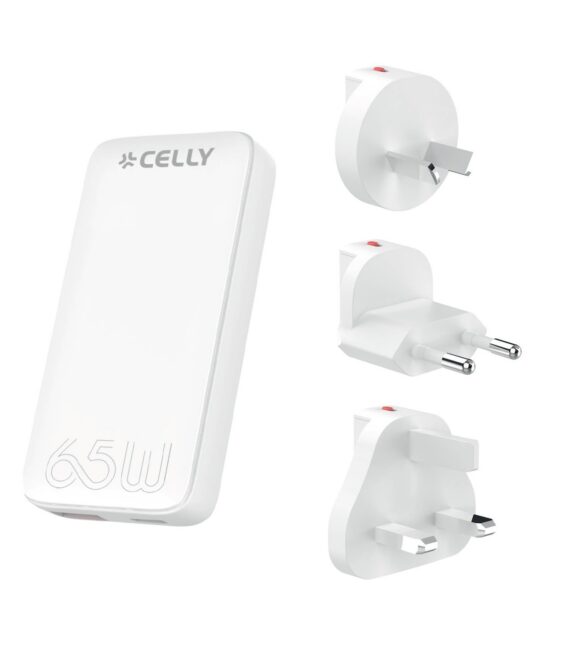 Caricabatteria da viaggio con doppia porta USB-A e USB-C, tecnologia GaN, potenza massima 65 Watt, presa integrata USA e tre prese intercambiabili (UK, AUS, EU)