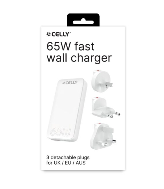 Caricabatteria da viaggio con doppia porta USB-A e USB-C, tecnologia GaN, potenza massima 65 Watt, presa integrata USA e tre prese intercambiabili (UK, AUS, EU)