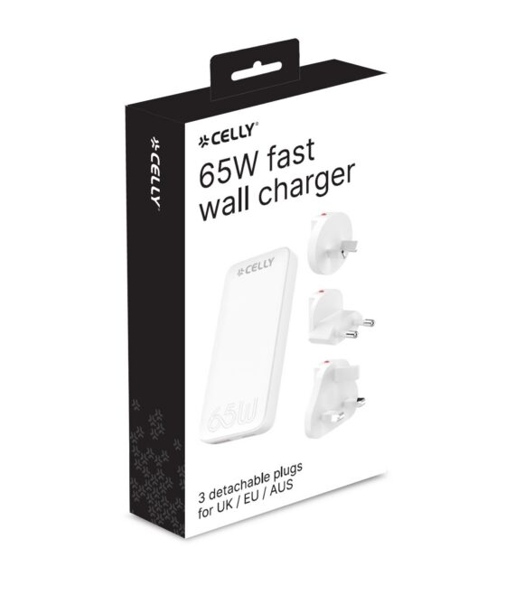 Caricabatteria da viaggio con doppia porta USB-A e USB-C, tecnologia GaN, potenza massima 65 Watt, presa integrata USA e tre prese intercambiabili (UK, AUS, EU)