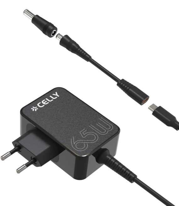 TCTIPS65W - Caricabatteria per laptop con cavo USB-C integrato, gamma di adattatori intercambiabili, potenza massima 65 Watt