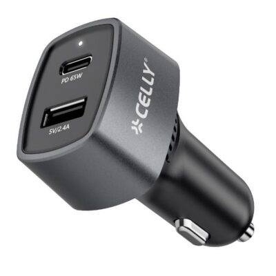 Caricabatteria da auto con doppia porta USB-C e USB-A, potenza massima 65 Watt, tecnologia Power Delivery, compatibile anche con camion