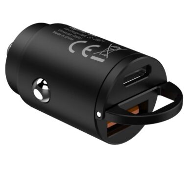 Caricabatteria da auto con doppia porta USB-A e USB-C, potenza massima 30 Watt, tecnologia Power Delivery