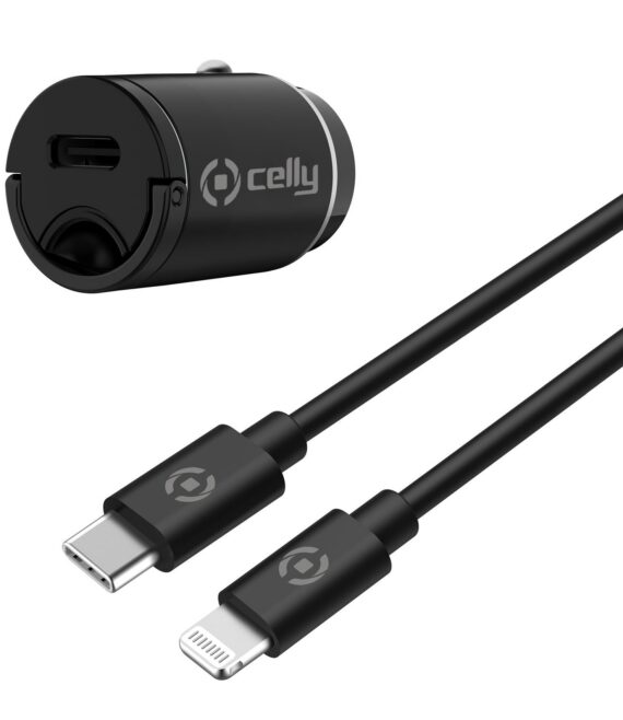 Caricabatteria da auto con porta USB-C, cavo USB-C a Lightning incluso, tecnologia Power Delivery, potenza massima 20 Watt [PRO POWER]