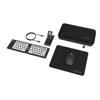 KITTRAVEL - Kit Viaggio per lavorare in mobilità, tastiera wireless pieghevole, mouse wireless, mousepad, supporto smartphone, cavo USB-C
