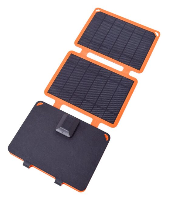 Caricabatteria a ricarica solare con porta USB-A, certificazione IP67, potenza massima 10 Watt, due moschettoni inclusi