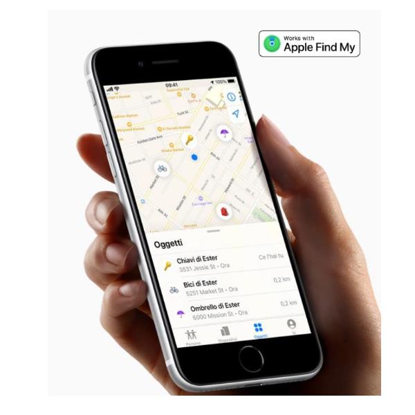 SMARTFINDER - Traccia oggetti compatibile con i dispositivi iOS, utilizza App "Dov'è" preinstallata sui device iOS, consente di localizzare oggetti, batteria litio intercambiale