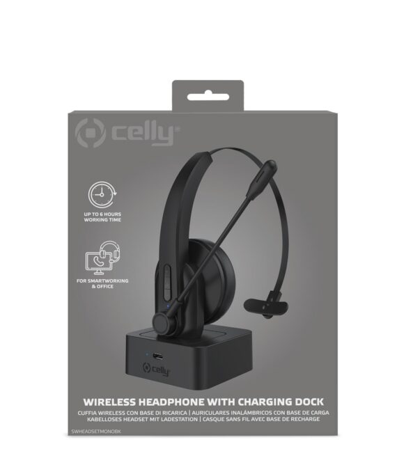 SWHEADSETMONO - Cuffia mono wireless per utilizzo ufficio, dotata di base di ricarica, archetto e microfono regolabili, tasti multi funzione