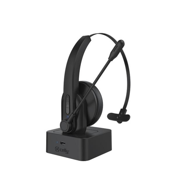 SWHEADSETMONO - Cuffia mono wireless per utilizzo ufficio, dotata di base di ricarica, archetto e microfono regolabili, tasti multi funzione