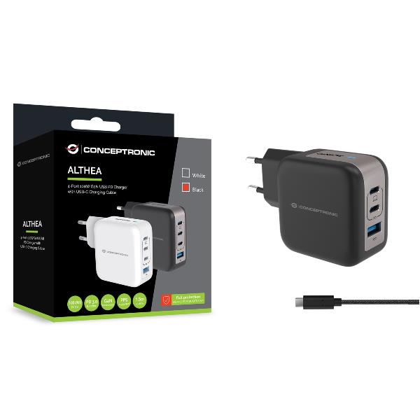 CARICATORE PD USB 4-PORTE 100W GaN con cavo di ricarica USB-C, (3x USB-C, 1x USB-A, QC 3.0, PPS) - NERO