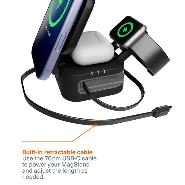 Caricabatterie wireless pieghevole 3 in 1 con cavo retrattile