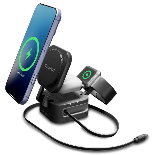 Caricabatterie wireless pieghevole 3 in 1 con cavo retrattile