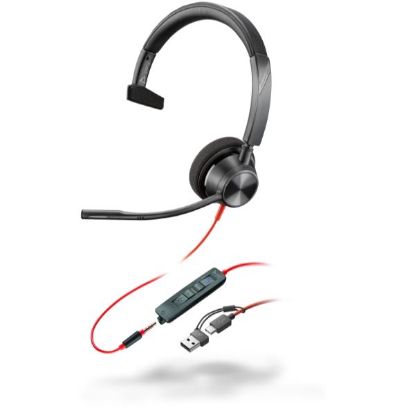 Cuffia HP Poly Blackwire 3315 Mono USB-C +3.5mm Plug +USB-C/A Adapter