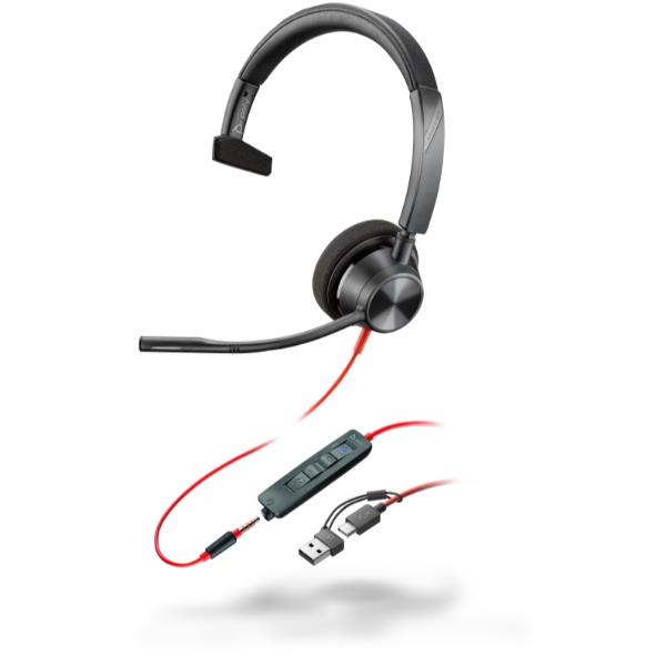 Cuffia HP Poly Blackwire 3315 Mono USB-C +3.5mm Plug +USB-C/A Adapter