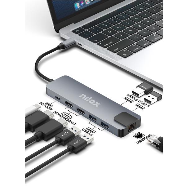 NILOX TECH - Docking station con porta USB-C, 2 porte HDMI 4K, 4 porte USB, RJ45, USB-C potenza massima 100 Watt