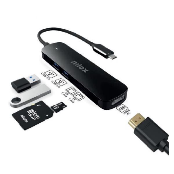 NILOX TECH - Adattatore/Hub con porta USB-C, 5in1, HDMI 4K, lettore memorie, 2 porte USB 3.2
