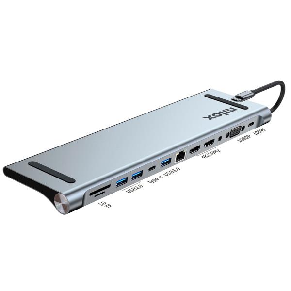 NILOX TECH - Docking station con porta USB-C, compatibile Macbook, 12in1, 2 porte HDMI 4K, VGA, lettore memorie, USB-C potenza massima 100 Watt, 3 porte USB, RJ45, audio jack 3,5mm