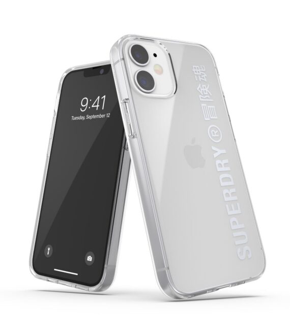 SUPERDRY - Cover trasparente con logo Superdry colore argento bordi rialzati compatibile con Apple iPhone 12 Mini