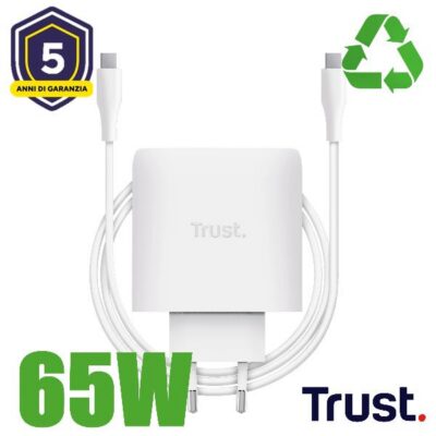 ALIMENTATORE/CARICABATTERIA 65W 2 PORTE USB-C GAN - PLASTICA RICICLATA 50% - TRUST MAXO - BIANCO
