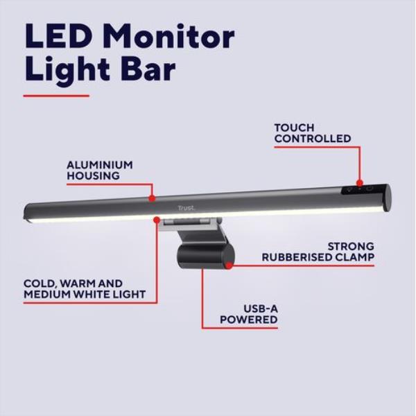 LAMPADA LED BARRA MONITOR LIGHT BAR, ANTI LUCE BLU, ANTI RIFLESSO, COMANDI TOUCH (LUCE FREDDA, NATURALE, CALDA) - TRUST SHYNE - NERO