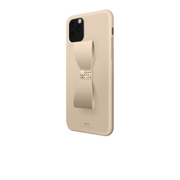 WHITE DIAMONDS - Cover in silicone colore oro rifinita con cristalli di Swarovski e fiocco con funzione anello per sostenere lo smartphone compatibile con Apple iPhone 11 Pro